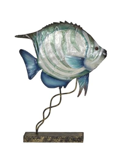 Capiz & Metal Art Small Striped Bannerfish on Stand White/Blue 10x8x2.5"