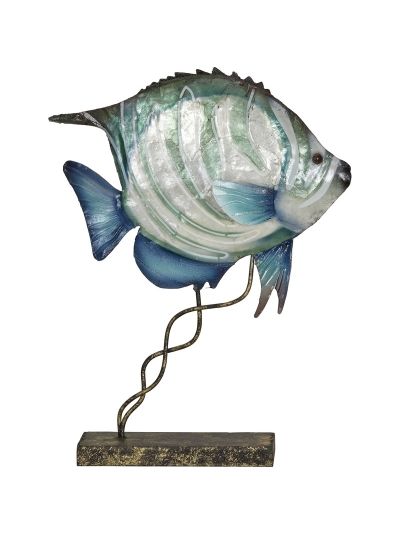 Capiz & Metal Art Small Striped Bannerfish on Stand White/Blue 10x8x2.5"