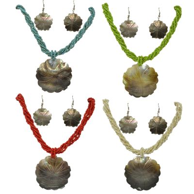 4 Flower Shell Beaded Necklaces & Earrings Sets 17" (Set of 2)