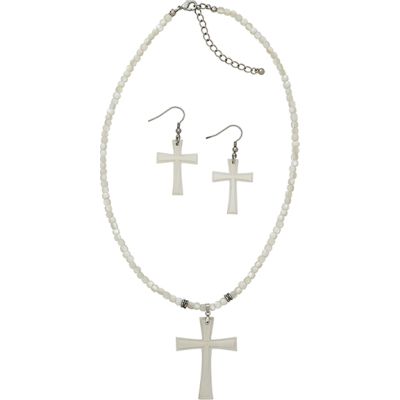 Cross Mother of Pearl Necklace & Earrings Set