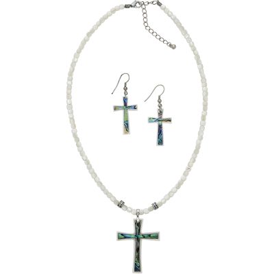 Abalone Cross Adjustable Necklace & Earrings Set 17-19"