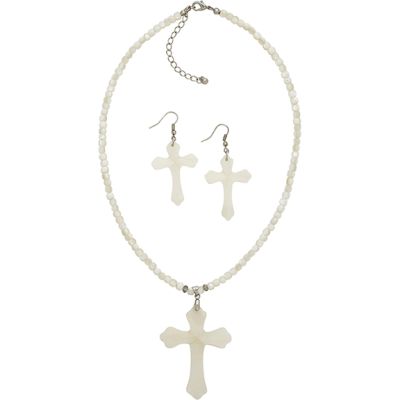 White Troca Cross Adjustable Necklace & Earrings Set 17-19"