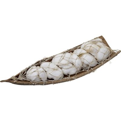 2 White Ark Shells in Wood Boats with Abaca Net (Set of 2)