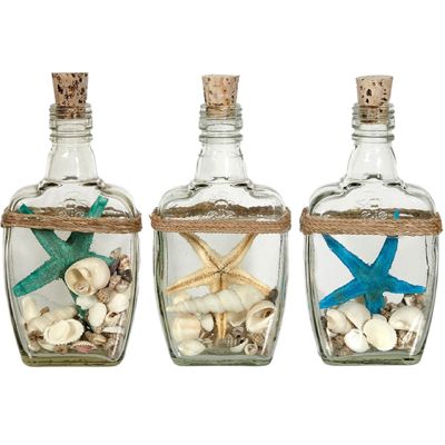3 Assorted Colored Starfish & Shells in Bottles 6.5" (Set of 3)
