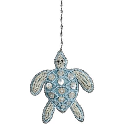 Turtle Mother of Pearl (MOP) and Beaded Ornament 4" Blue/Cream