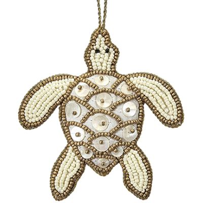 Turtle Mother of Pearl (MOP) and Beaded Ornament 4" Gold/Cream