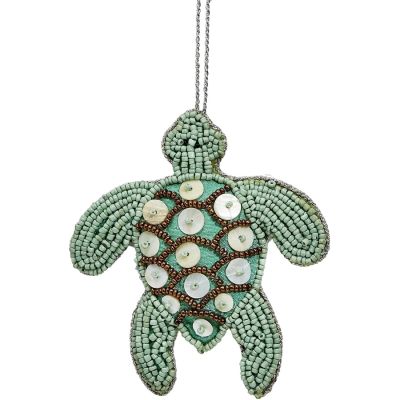 Turtle Mother of Pearl (MOP) and Beaded Ornament 4" Green/Cream