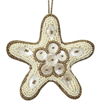 Starfish Mother of Pearl (MOP) and Beaded Ornament 4" Gold/Cream