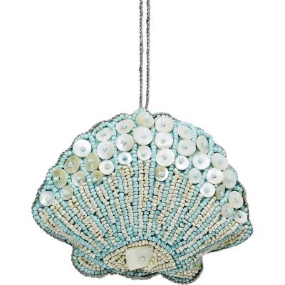 Scallop Mother of Pearl (MOP) and Beaded Ornament 4" Blue/Cream