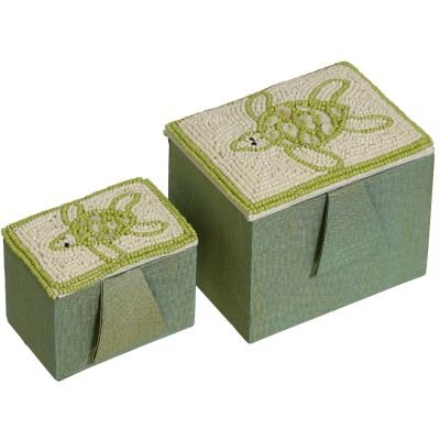 Turtle Mother of Pearl (MOP) & Beads Rectangle Nested Boxes Green 4" & 3"