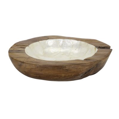 Natural Shape Wood Bowl Lined with Capiz Shell 13.8"x13.8"x3" Ivory