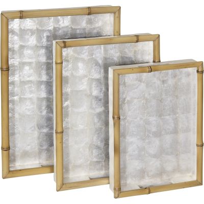 Three pc Capiz Shell Lined Bamboo Serving Trays Set Ivory