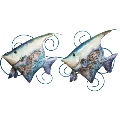 Capiz & Metal Banner Fish Pair Wall Art Blue/White 12x25x4.5"