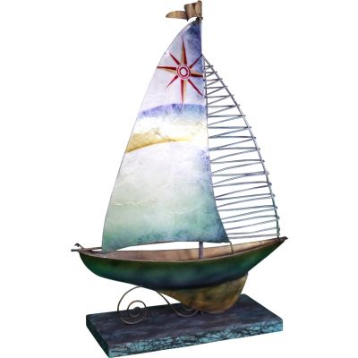 Capiz & Metal Sailboat w/ Red Compass on Stand Blue/White 12.5x7x3.25"