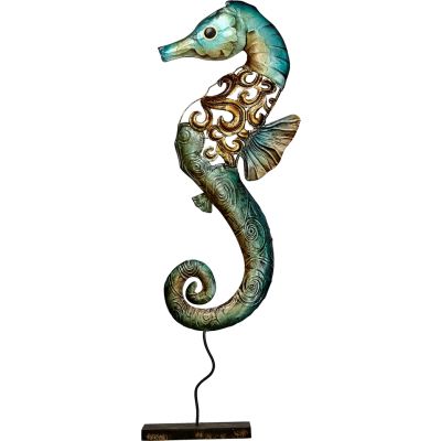 Capiz & Metal Seahorse on Stand Green/Tan 20x7.5x3"