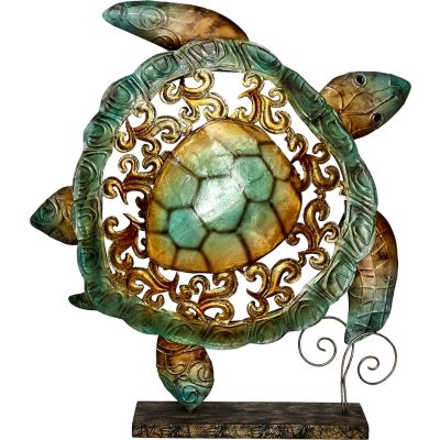 Capiz & Metal Filigree Turtle Statue Green/Bronze 14.5x15x4"