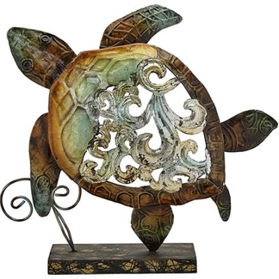 Capiz & Metal Filigree Turtle on Stand Green/Bronze 9.5x10.5x3"