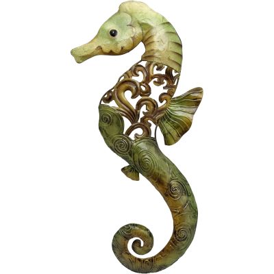 Capiz & Metal Filigree Seahorse Wall Art Green/Tan 15.5x7.5x0.5"