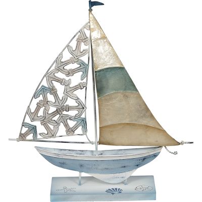 Capiz & Metal Anchor Sail Sailboat on Stand Light Blue/White 12x12x6"