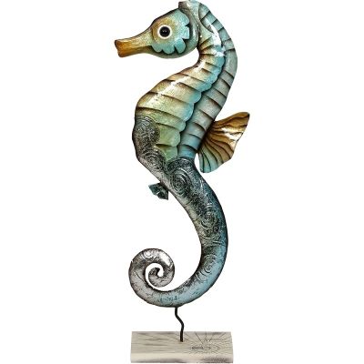 Capiz & Metal Art Seahorse on Stand Blue/Tan 17.5x7.5x3.5"
