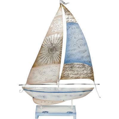 Capiz & Metal Art Compass Sail Sailboat on Stand Beige/Light Blue 20.5x14.5x4.5"