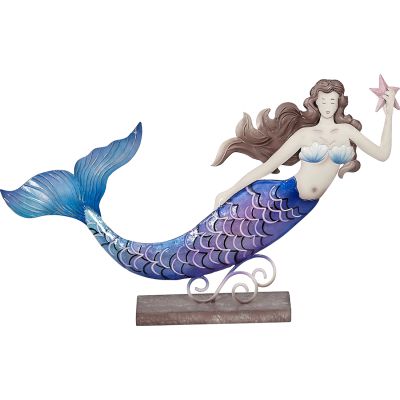 Capiz & Metal Art Swimming Mermaid with Starfish on Stand Beige/Purple 14x6x3"