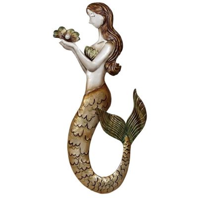 Metal & Capiz Mermaid with Pearl Gold Flat Tail Wall Art 7x14"