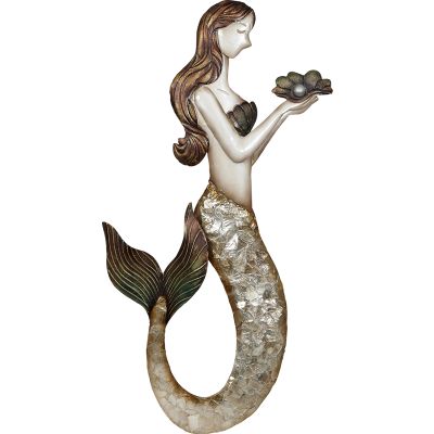 Capiz & Metal Ruffled Tail Mermaid with Pearl Wall Art Gold/Beige 20x10x1"