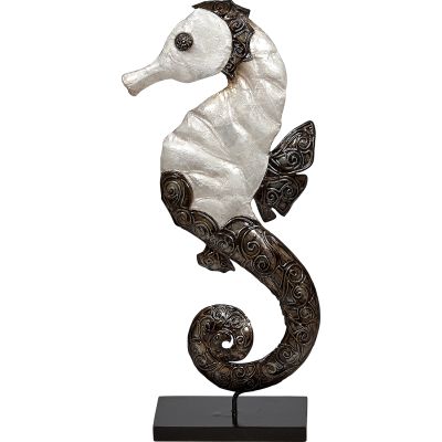Capiz & Metal Art Seahorse on Stand White/Dark Grey 15x7x2.75"
