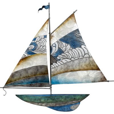 Capiz & Metal  Waves Sail Sailboat Wall Art Blue/Beige 22x22x2"