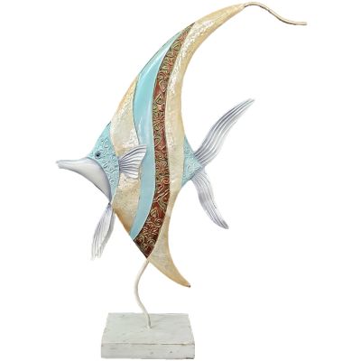 Capiz & Metal Art Seaside Banner Fish on Stand Beige/Blue 3x4x3"