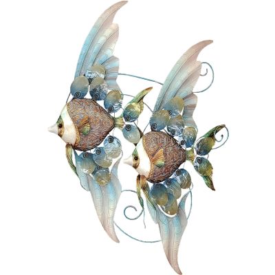 Capiz & Metal Large Double Banner Fish Wall Art Tan/Blue 32x19x4"