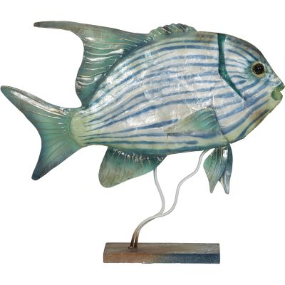Capiz & Metal Art Large Jackfish on Stand Beige/Green 13x14x3.5"