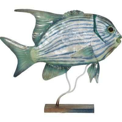 Capiz & Metal Art Large Jackfish on Stand Beige/Green 13x14x3.5"