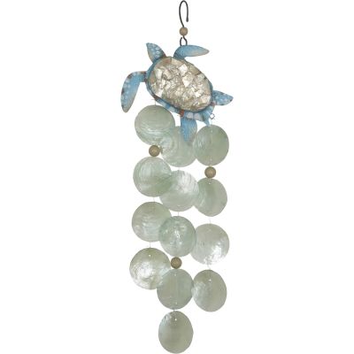 Capiz & Metal Art Turtle Wind Chime White/Light Blue 16x6x3"