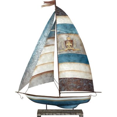 Capiz & Metal Art Royal Crest Sailboat on Stand Blue/Beige 30.5x23x6"