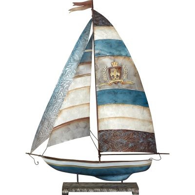 Capiz & Metal Art Royal Crest Sailboat on Stand Blue/Beige 30.5x23x6"