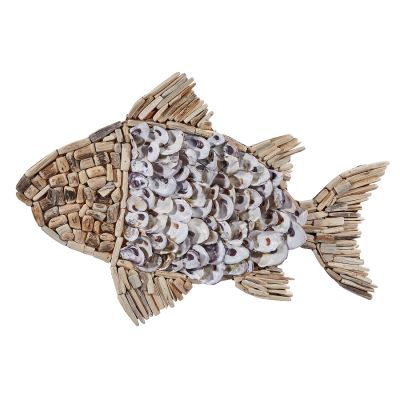 Driftwood Fish with Oyster Shells Wall Art 20x12x2"