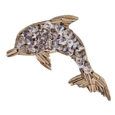 Driftwood Dolphin with Oyster Shells Wall Art 20x12x2"
