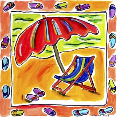 S. Flint "Beach Chair, Umbrella & Flip Flops" Print on Canvas 12x12"